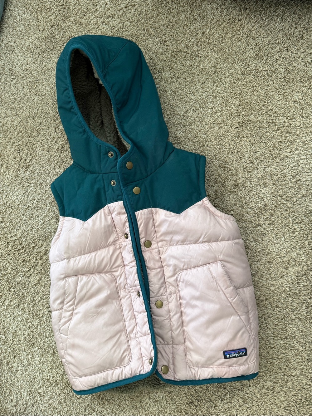 Patagonia Kids Teal and Light Pink Hooded Puffer Vest